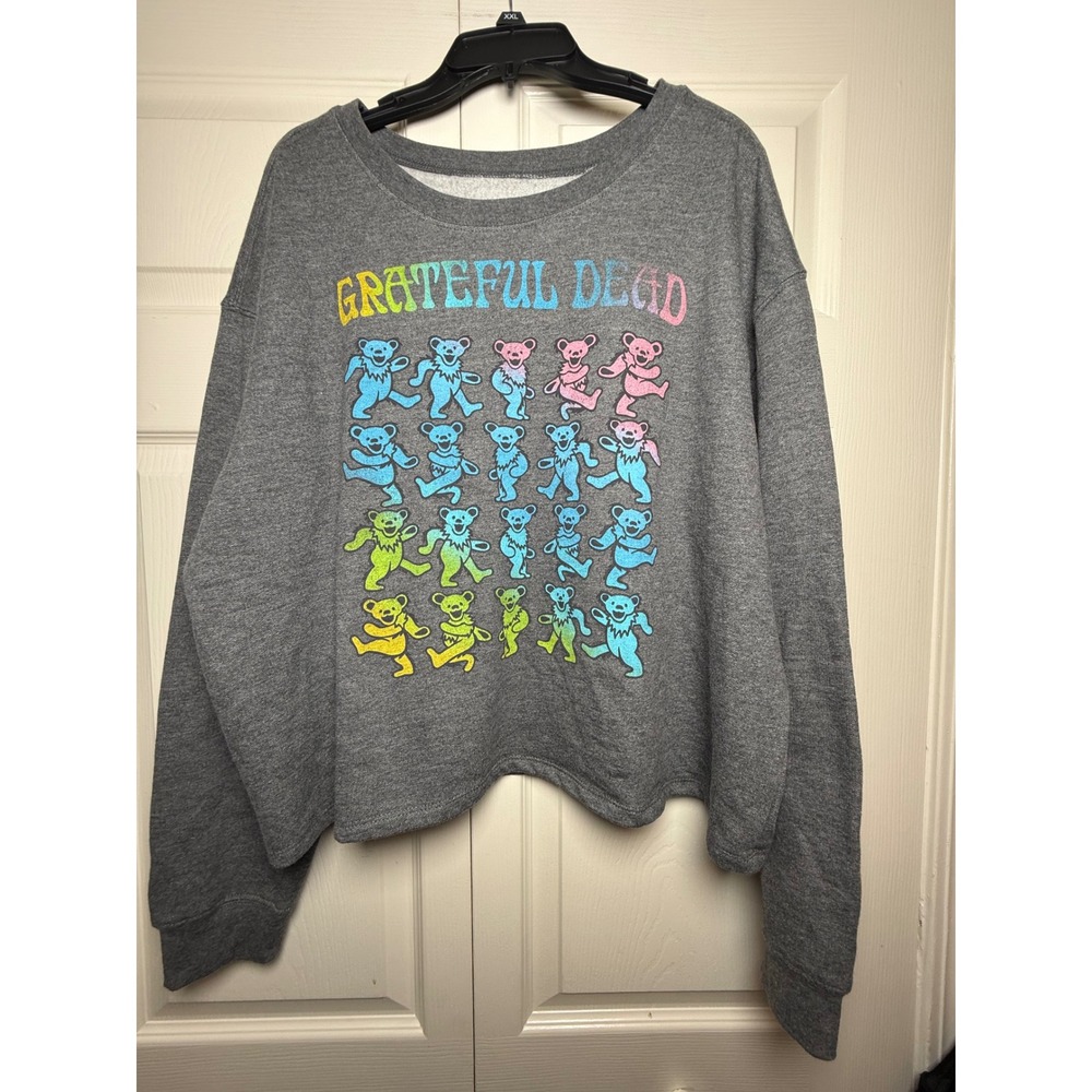 Love Tribe Grateful Dead Dancing Bears Cropped Sweatshirt Gray Plus 2X Rainbow